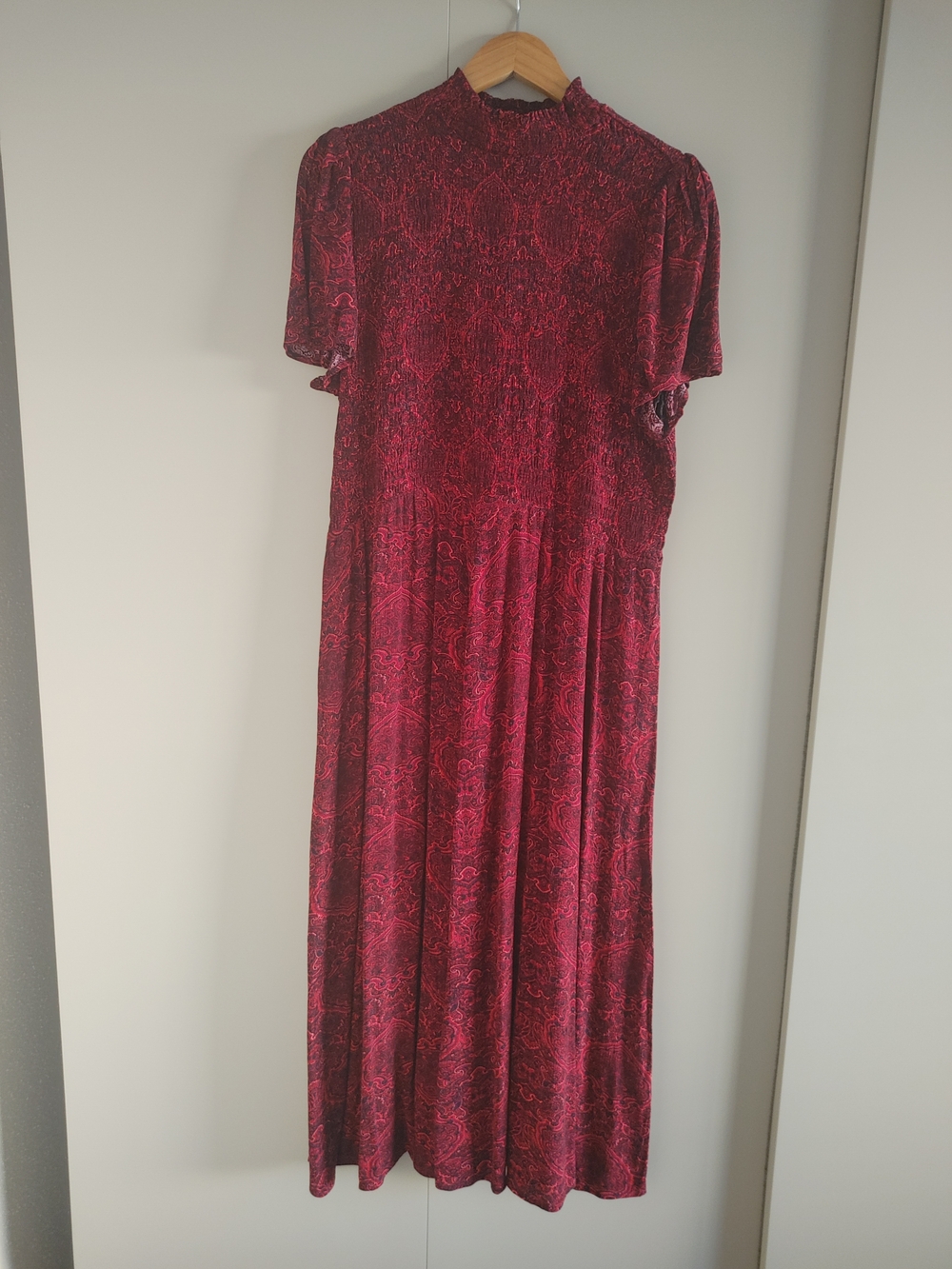 NWT J. Jill Burgundy Paisley Maxi Dress with Short Sleeves, Smocked Bodice - L